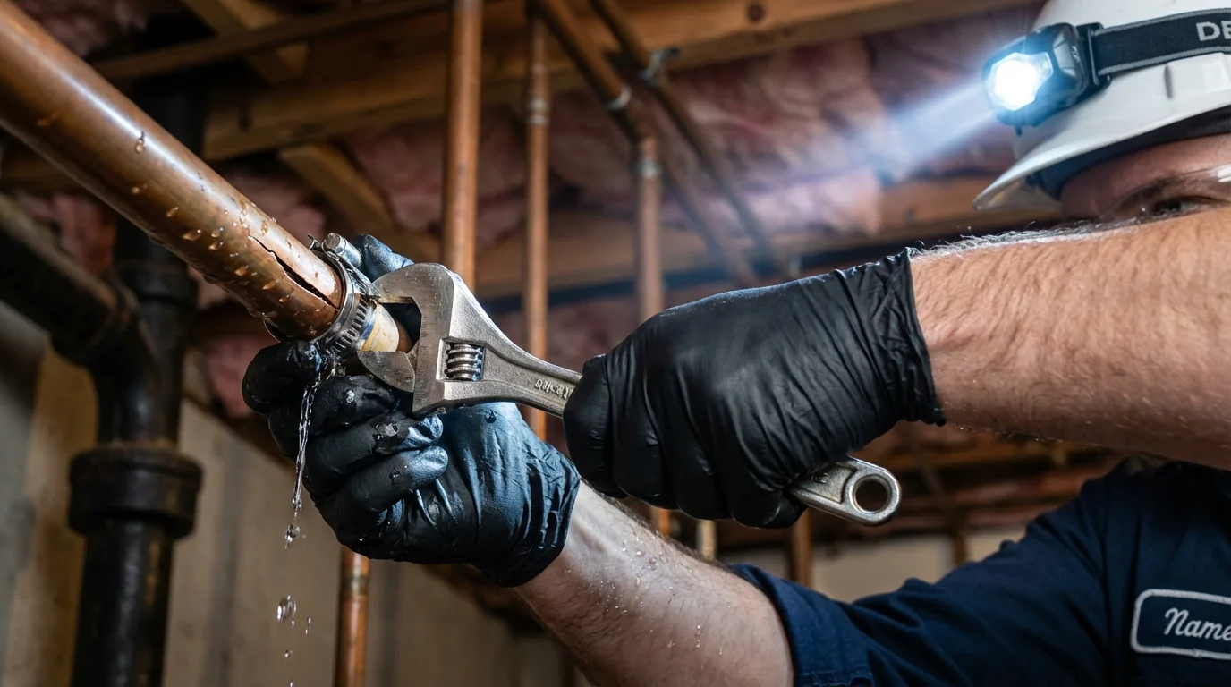 Emergency pipe clamp repair being performed by a Johns Plumbing LLC plumber in South Bend