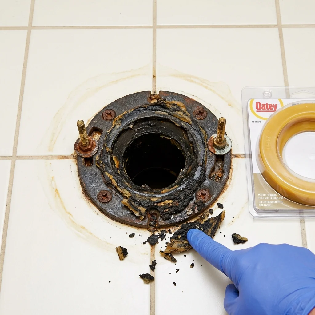 Failed wax ring showing water seepage at the base of a toilet in a South Bend, IN home