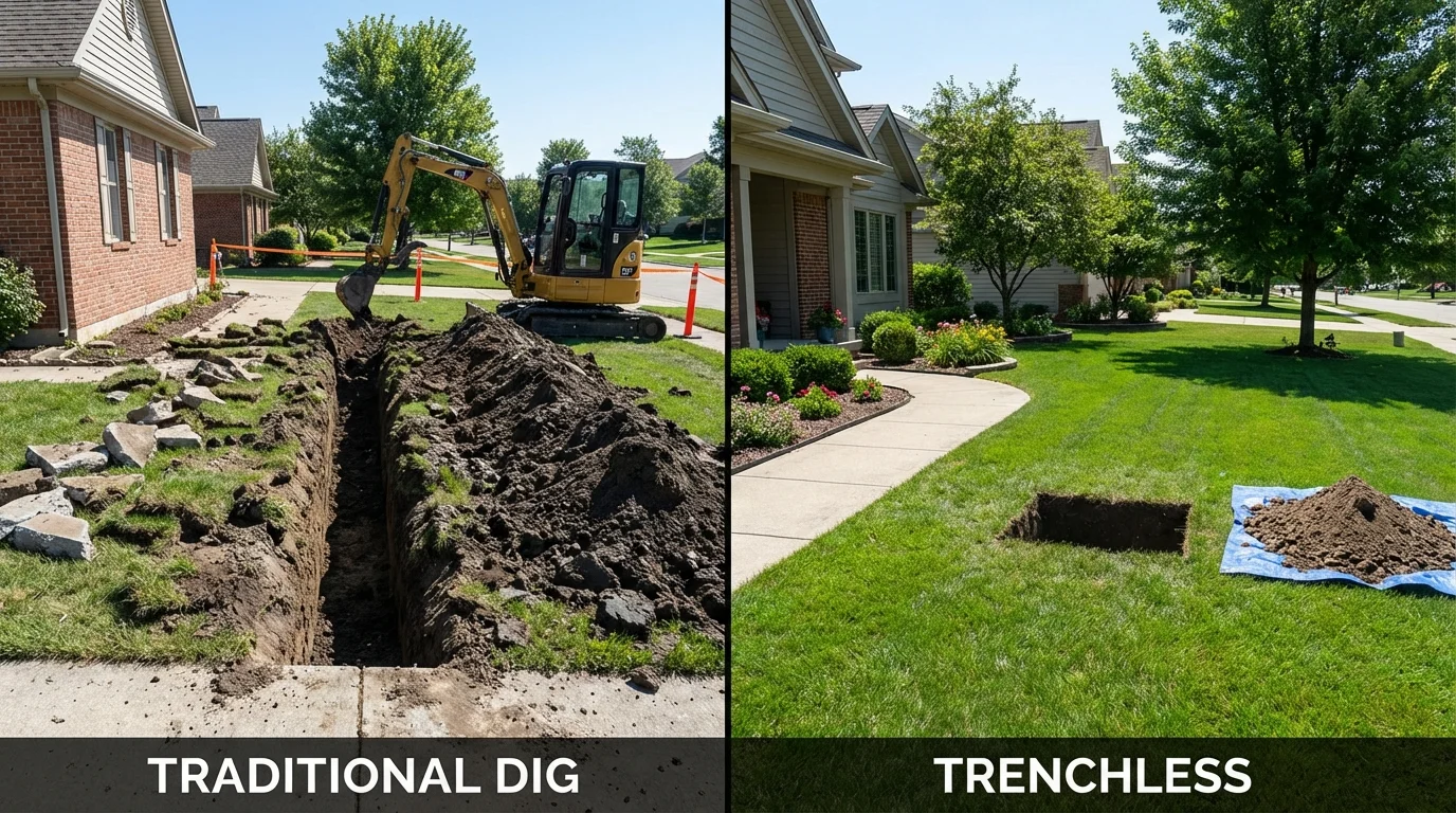Trenchless sewer repair with minimal yard damage versus traditional excavation in South Bend, IN