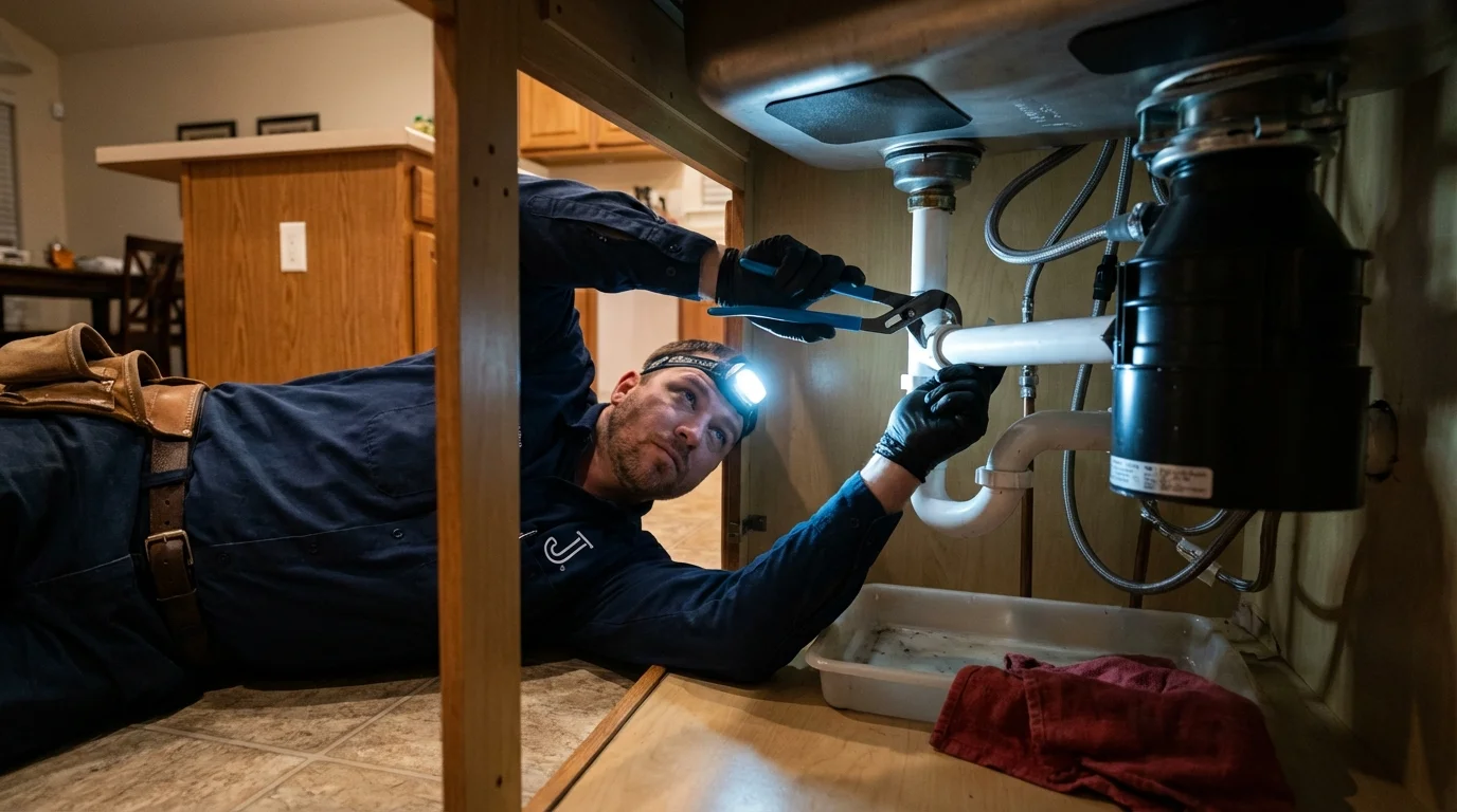 P-trap and supply line connections under a kitchen sink showing a common leak point in South Bend, IN